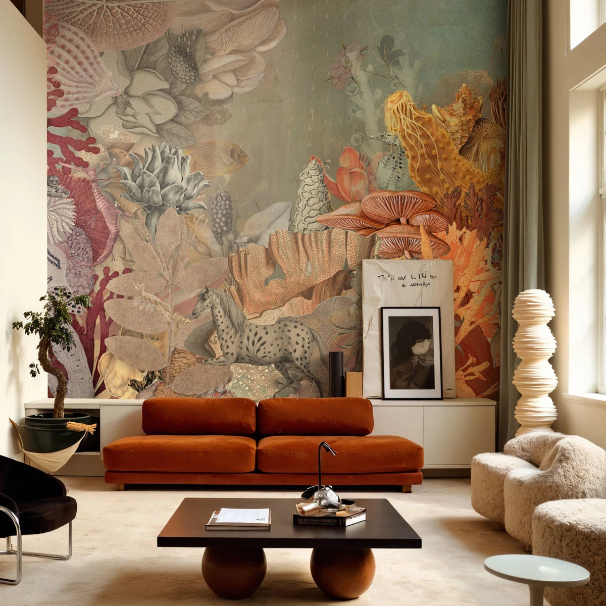 Vliesbehang met zee-thema CORAL MIRAGE groen met koraal