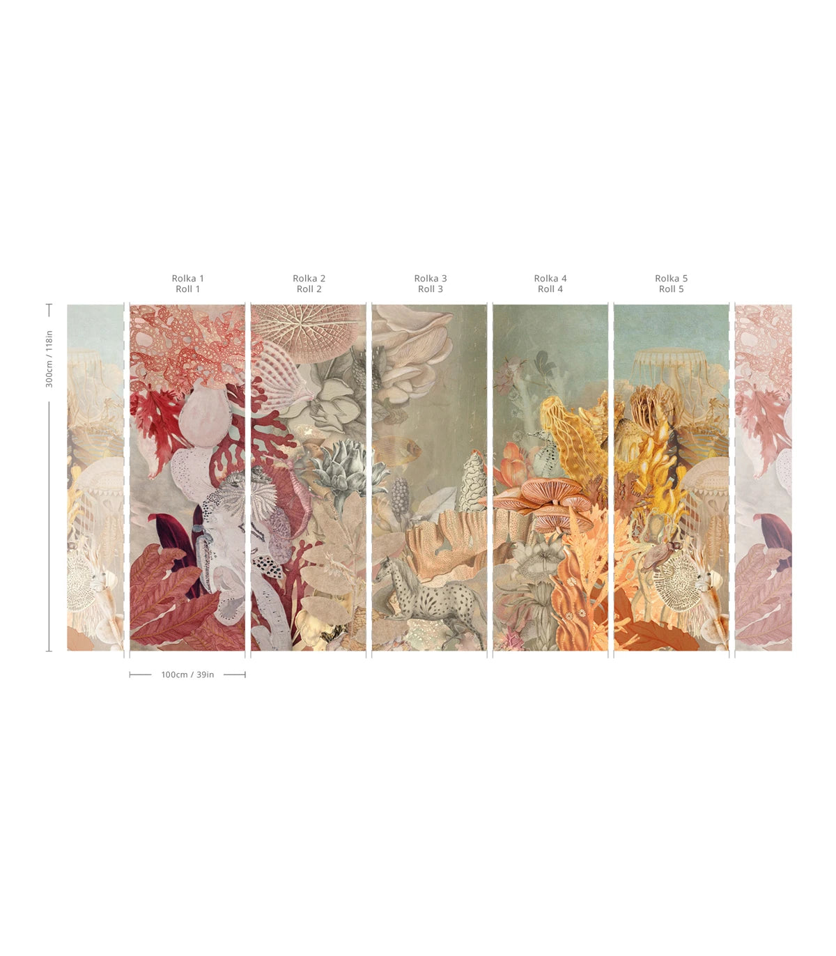 Vliesbehang met zee-thema CORAL MIRAGE groen met koraal