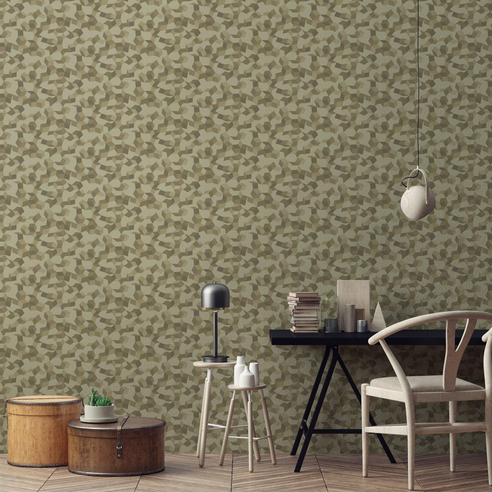 Metallic wallpaper with a geometric hexagon pattern CURIO - Dark beige mineral