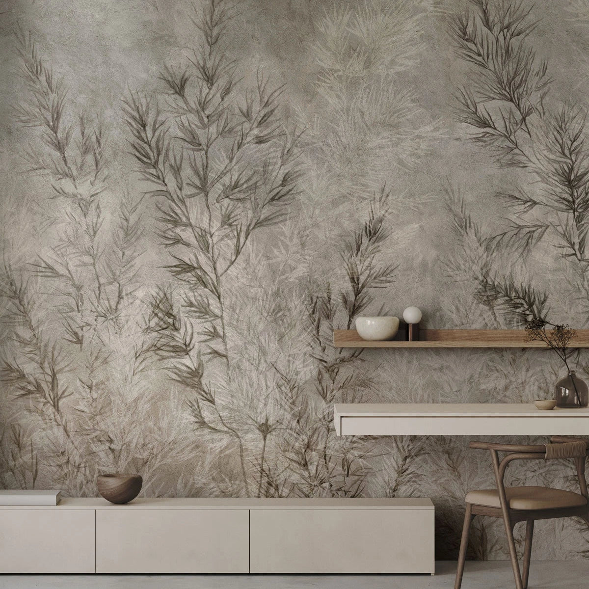 Vliesbehang met plantenmotief DROGE GRASS grijsbeige