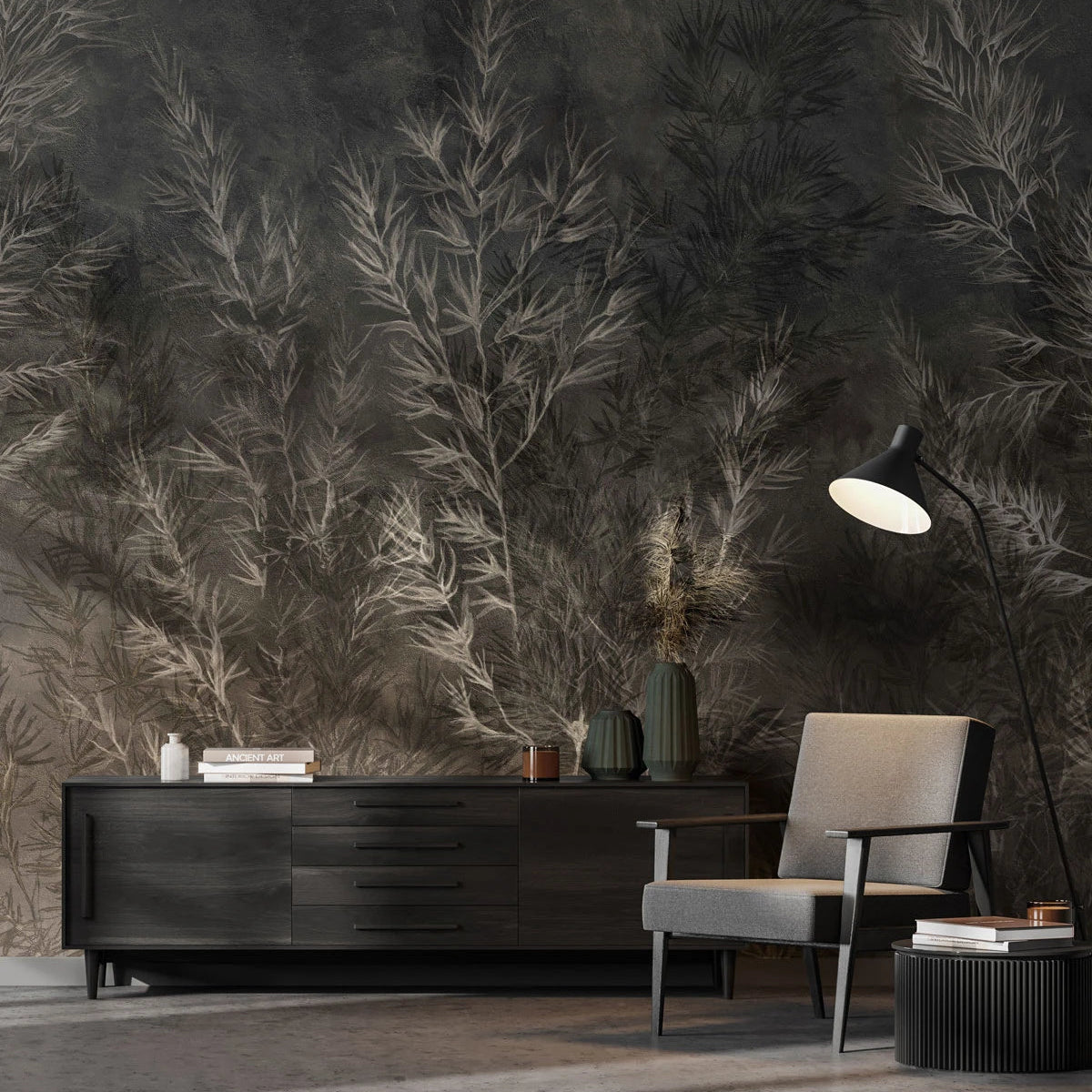 Vliesbehang met plantenpatroon DROGE GRASS donkergroen