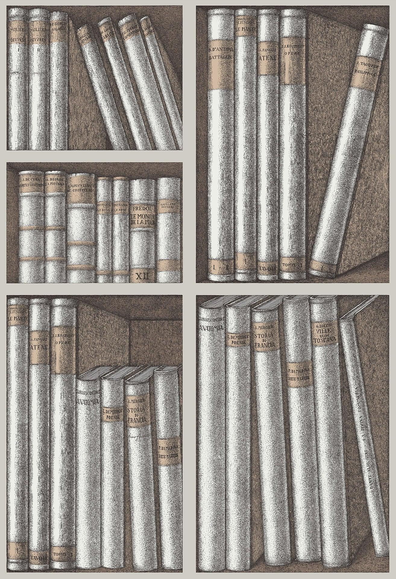 Wallpaper with a library and books motif FORNASETTI - Ex Libris gray