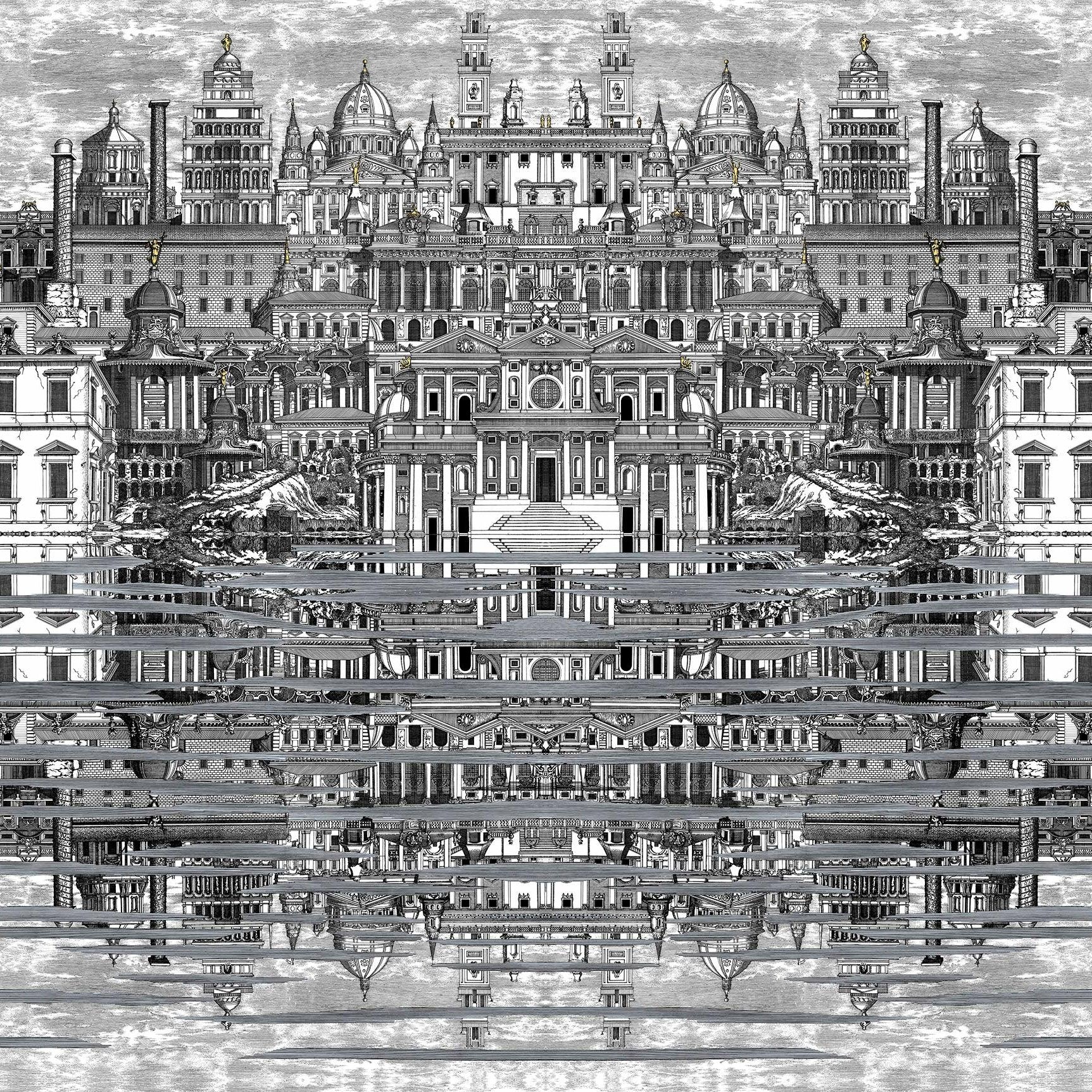 Tapeta z krajobrazem architektury i budynków FORNASETTI SENZA TEMPO - Riflesso szary – Cole & Son