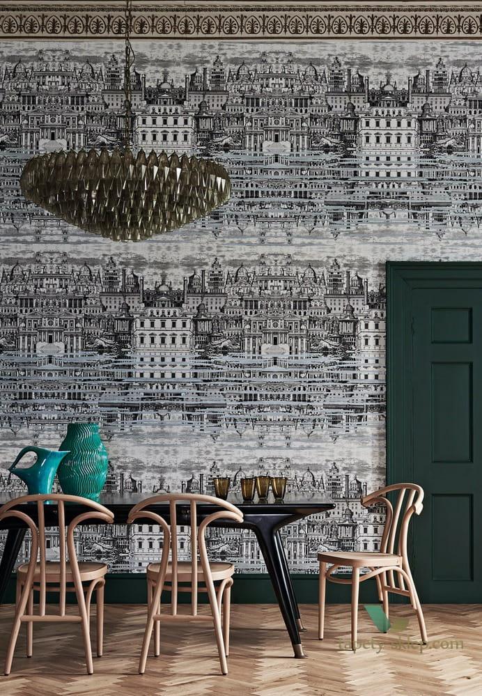 Tapeta z krajobrazem architektury i budynków FORNASETTI SENZA TEMPO - Riflesso szary na ścianę