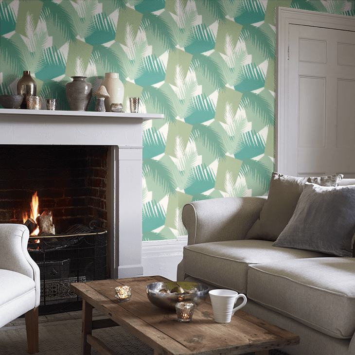 Tapeta z geometrycznym i roślinnym wzorem liści palmy GEOMETRIC II - Deco Palm zielony na ścianę