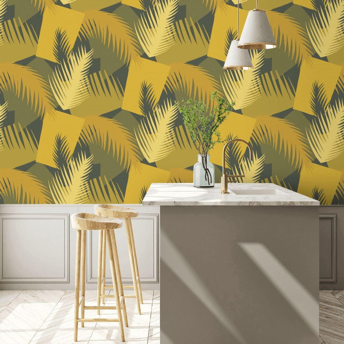Tapeta z geometrycznym i roślinnym wzorem liści palmy GEOMETRIC II - Deco Palm żółty na ścianę