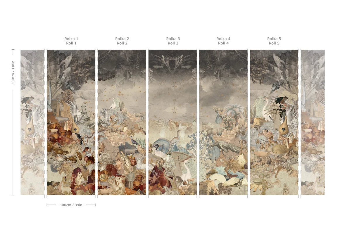 Vliesbehang met dierenmotief KONINKRIJK VAN ALLE WEZEN SEPIA beige met brons