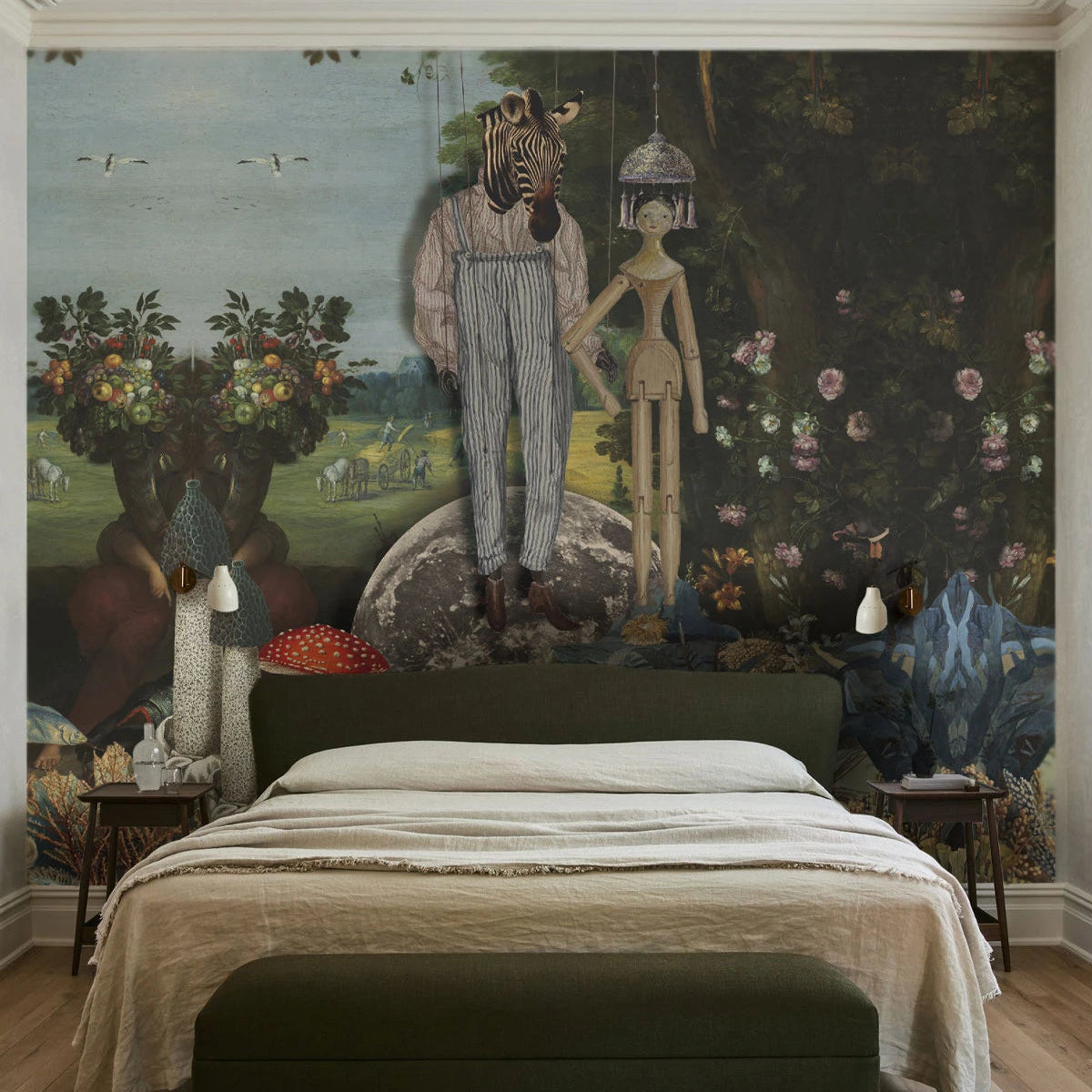 Tapete mit künstlerischer Landschaft PUPPETS dunkelgrün mit blau