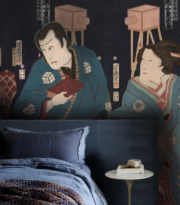 Tapeta flizelinowa z motywem wojownika SAMURAI CHRONICALES granatowy na ścianę