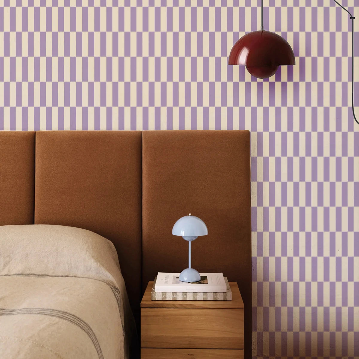 Non-woven wallpaper with geometric pattern TETRIS STRIPE purple