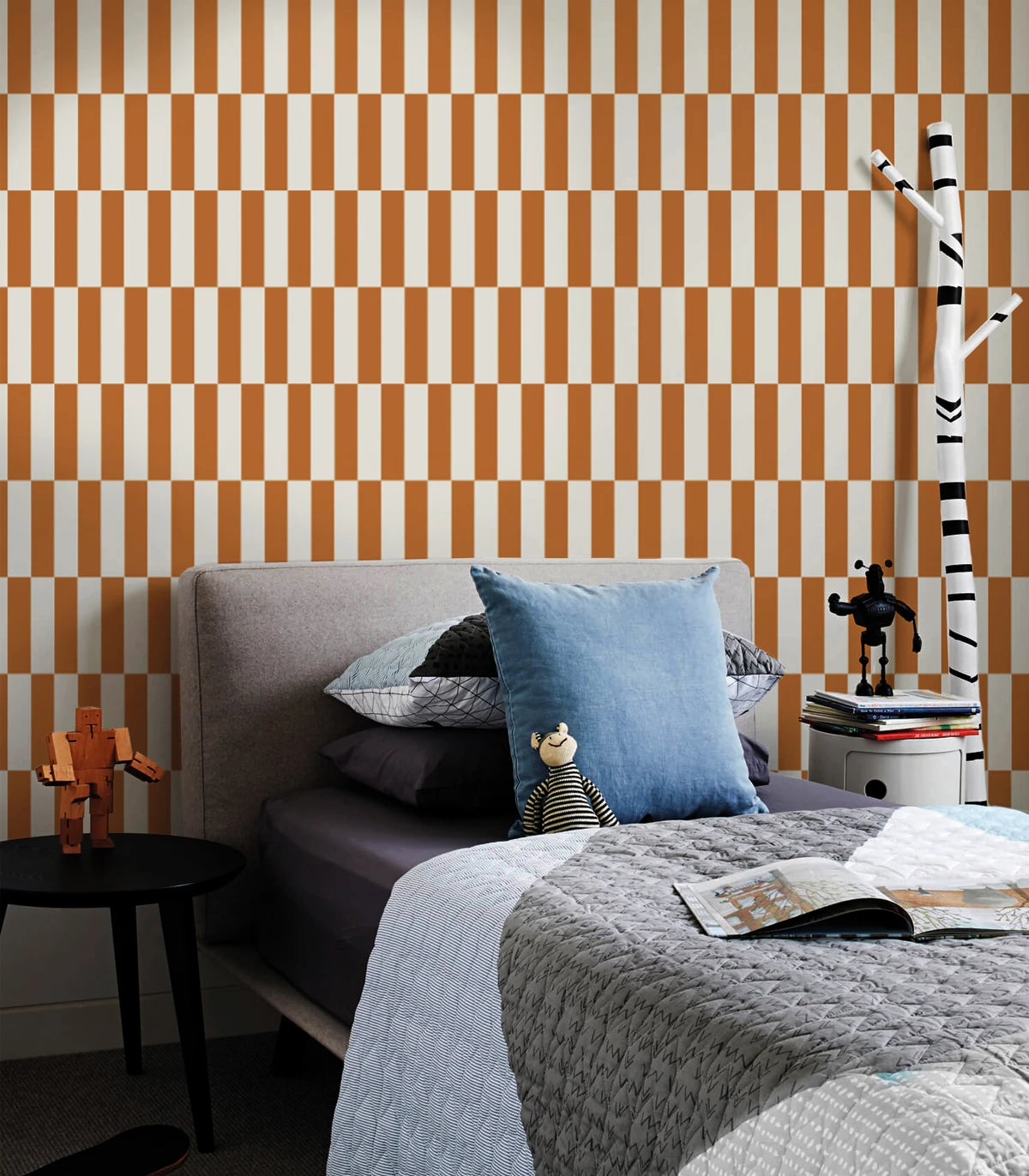 Flizelinbehang met geometrisch patroon TETRIS STRIPE terracotta