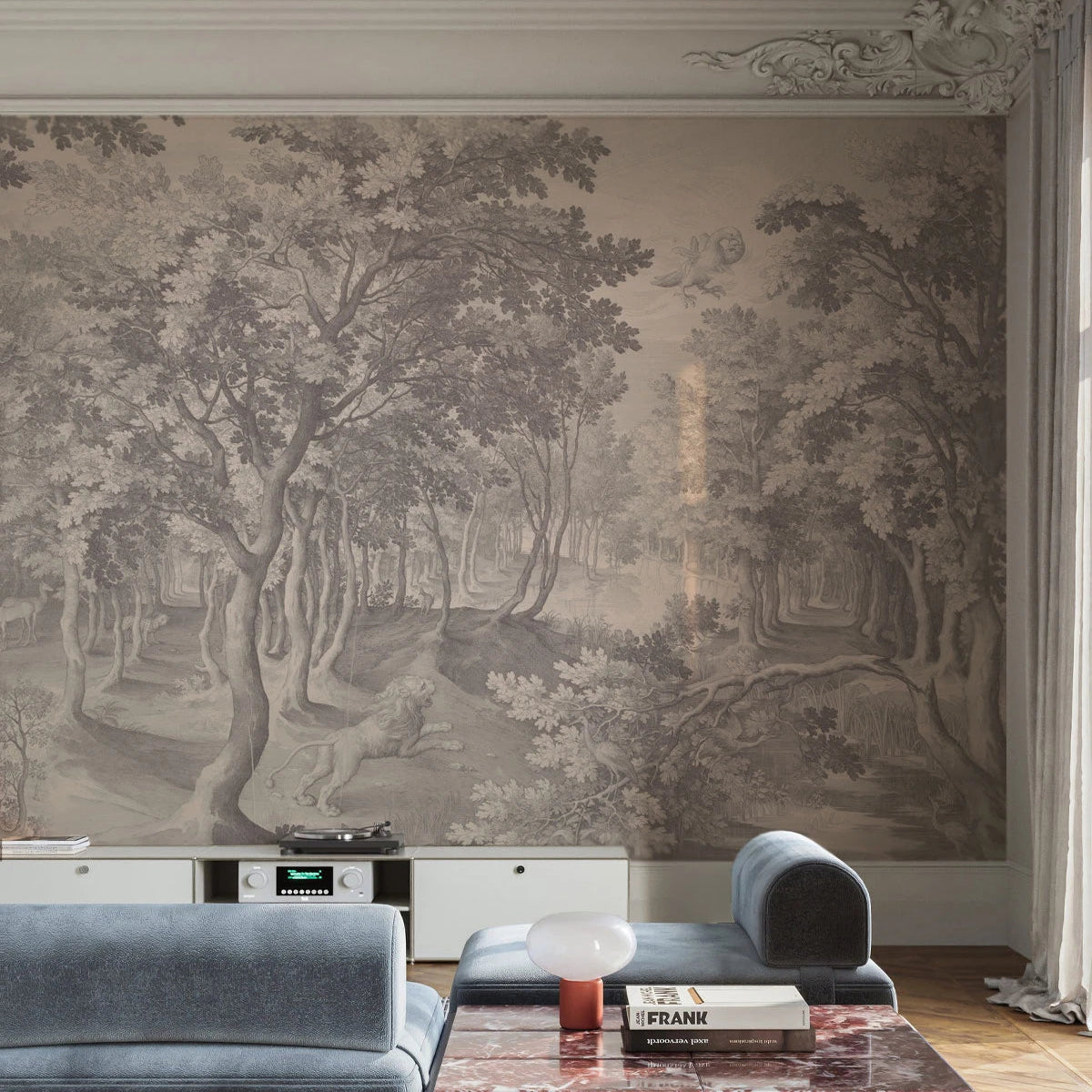 Flizelinbehang met het landschap TIMELESS TREES BEIGE beige