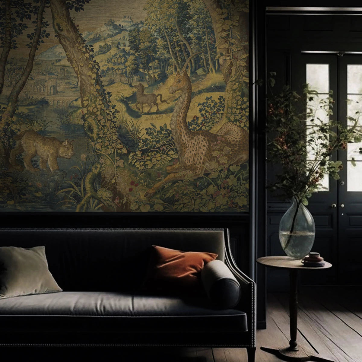 Behang met het landschap van het magische bos UNICORN ARRAS groen met bruin