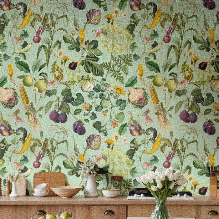 Tapeta flizelinowa z motywem roślinnym VEGATABLE YIELDS zielony – Wallcolors
