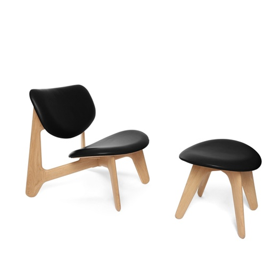 Fotel SLAB zwarte leer met eikenhouten basis