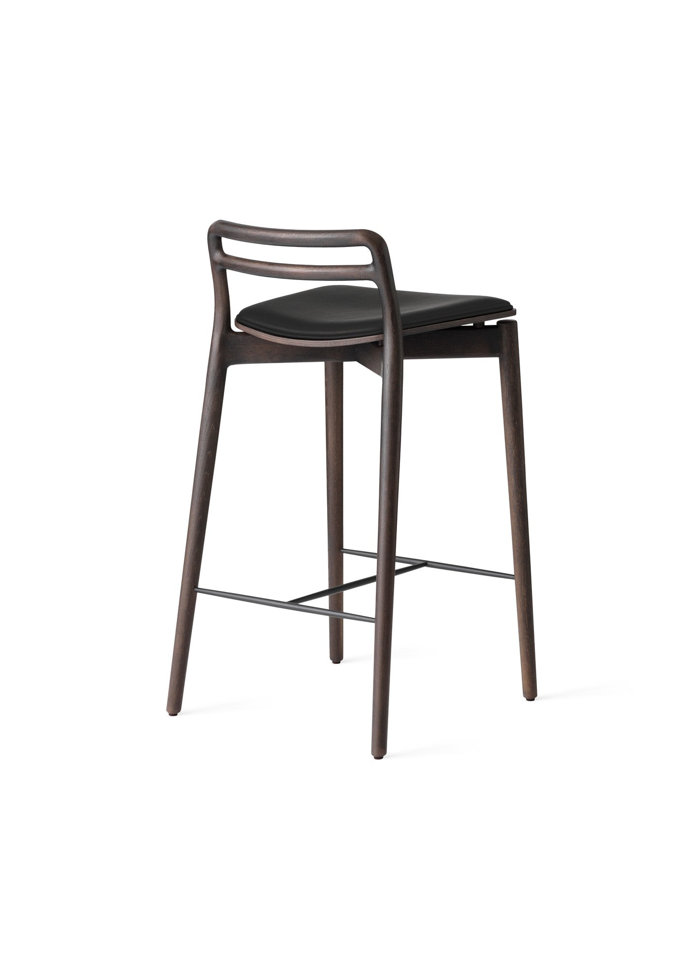 Hocker CABIN zwart leer met een donkere eiken basis