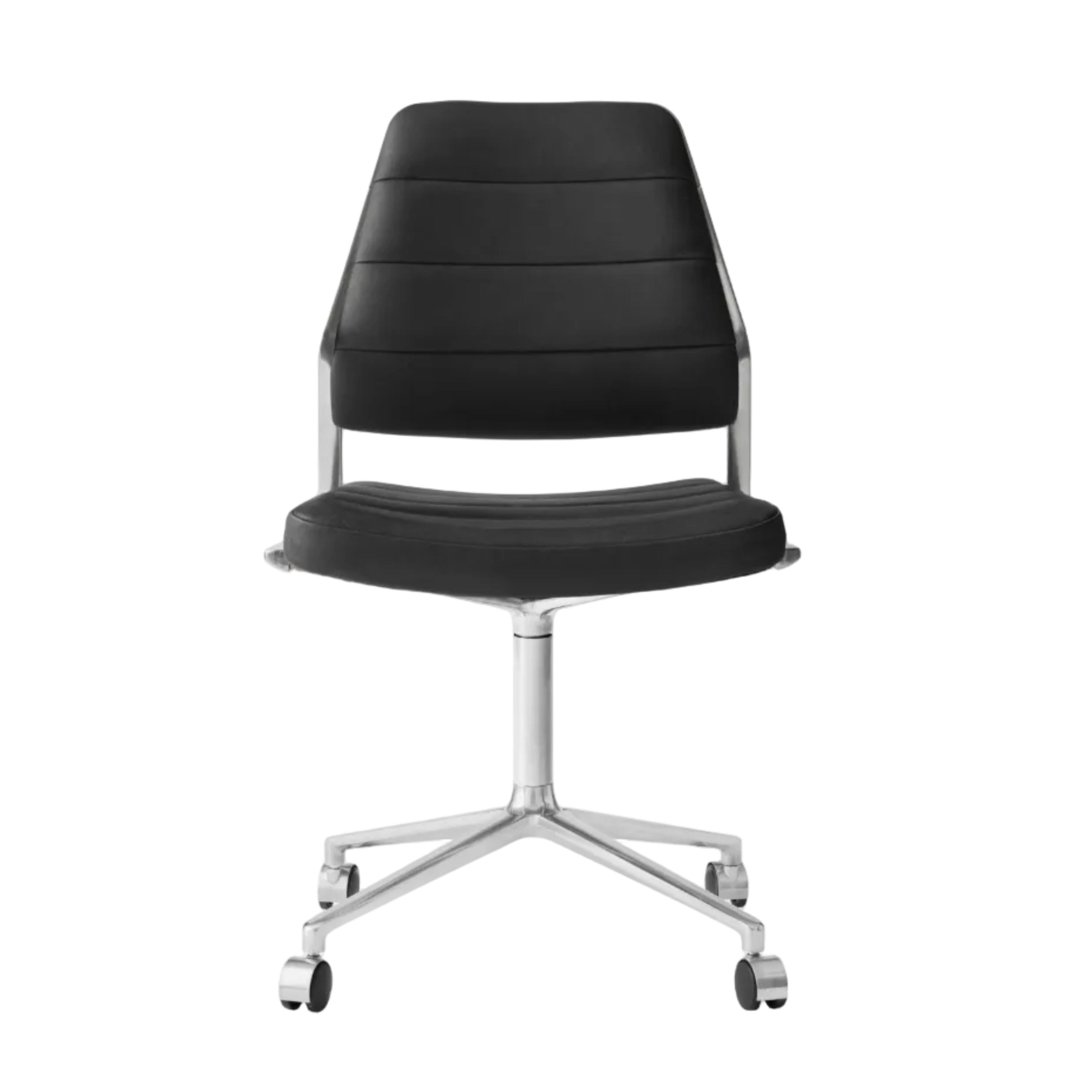 Bureau stoel 454 met zwarte leren bekleding en een metalen basis