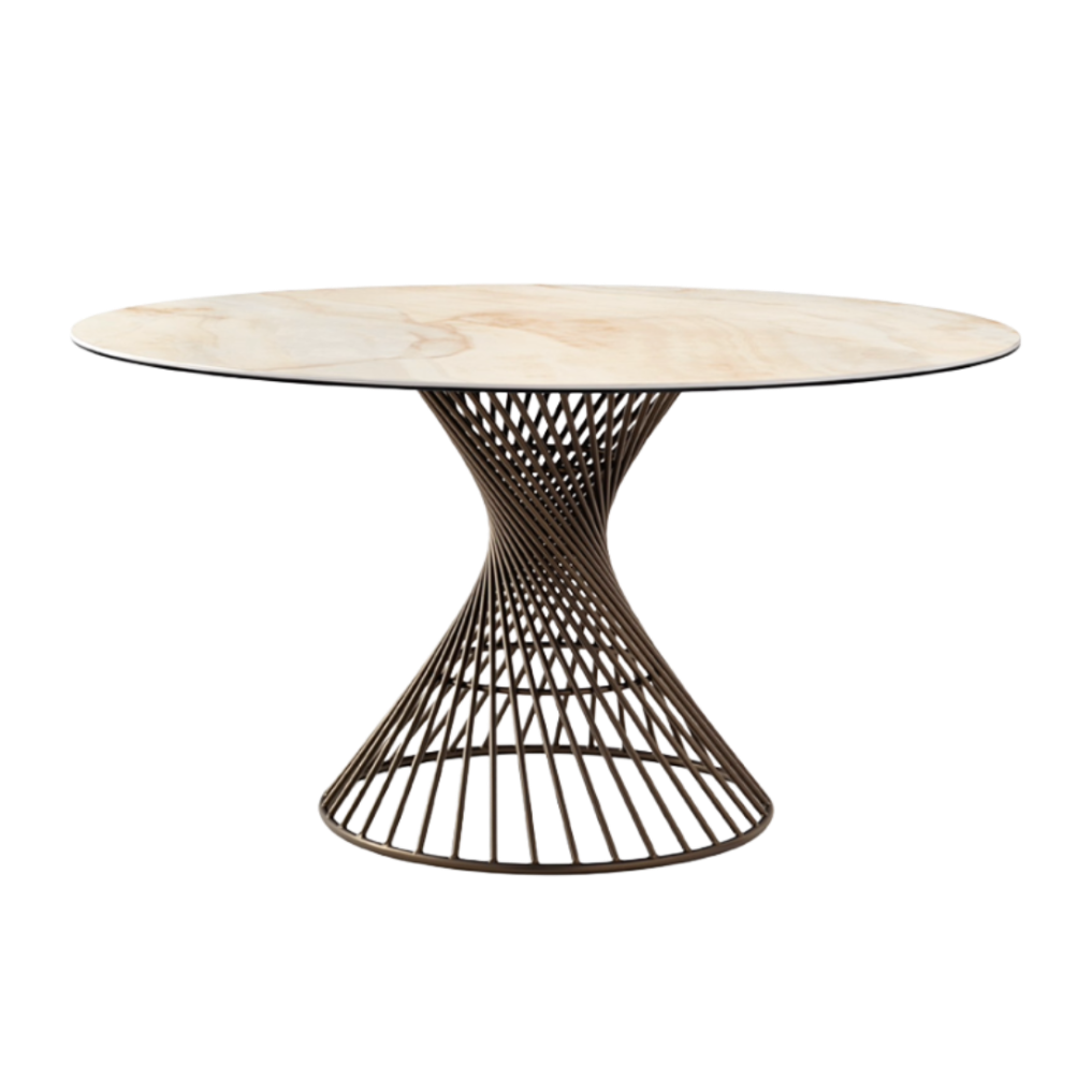 Runder Tisch VORTEX mit cremefarbener Platte und braunem Gestell