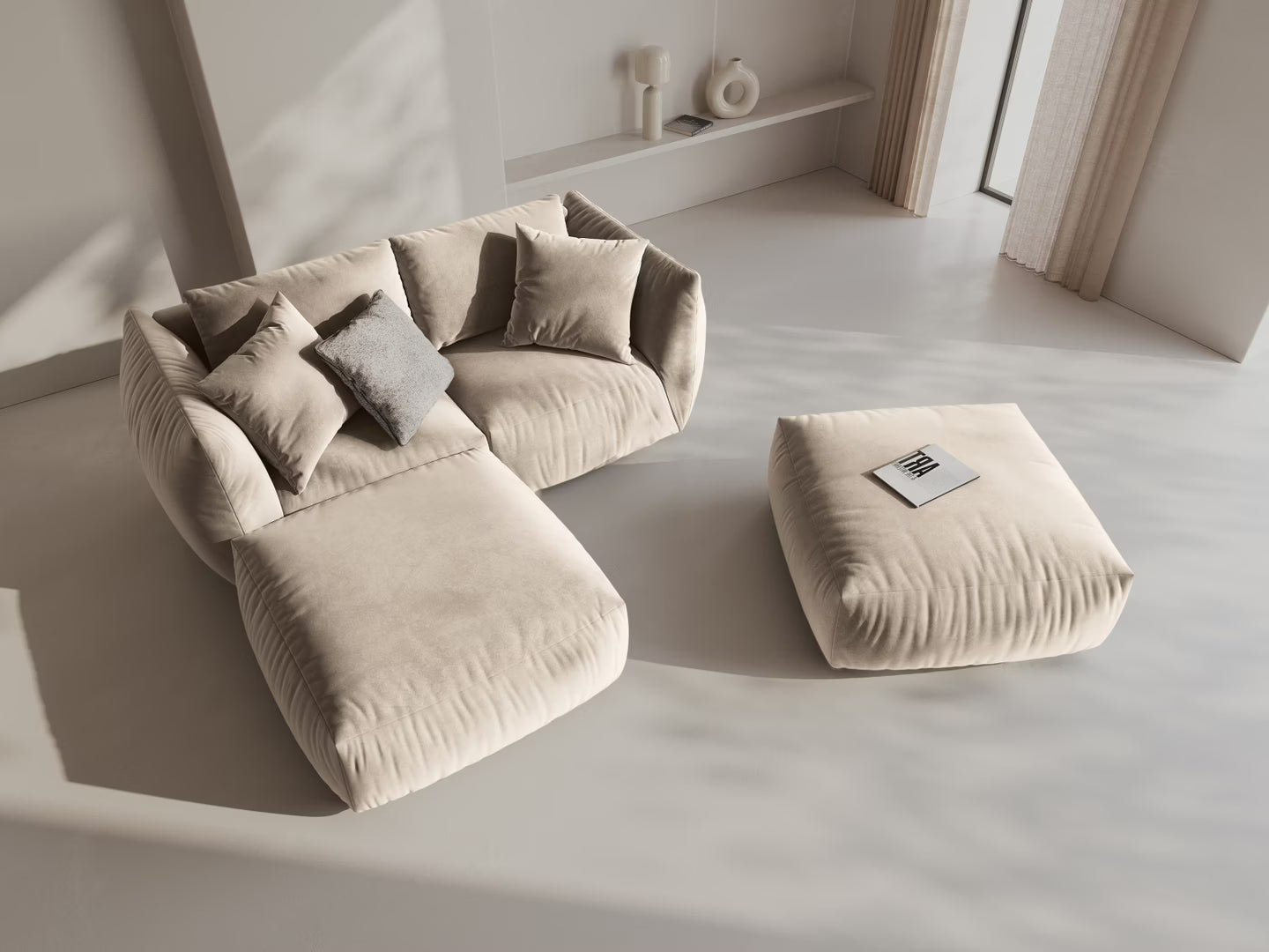 Modulaire fluwelen bank CHRIS - breed rechts element ecru