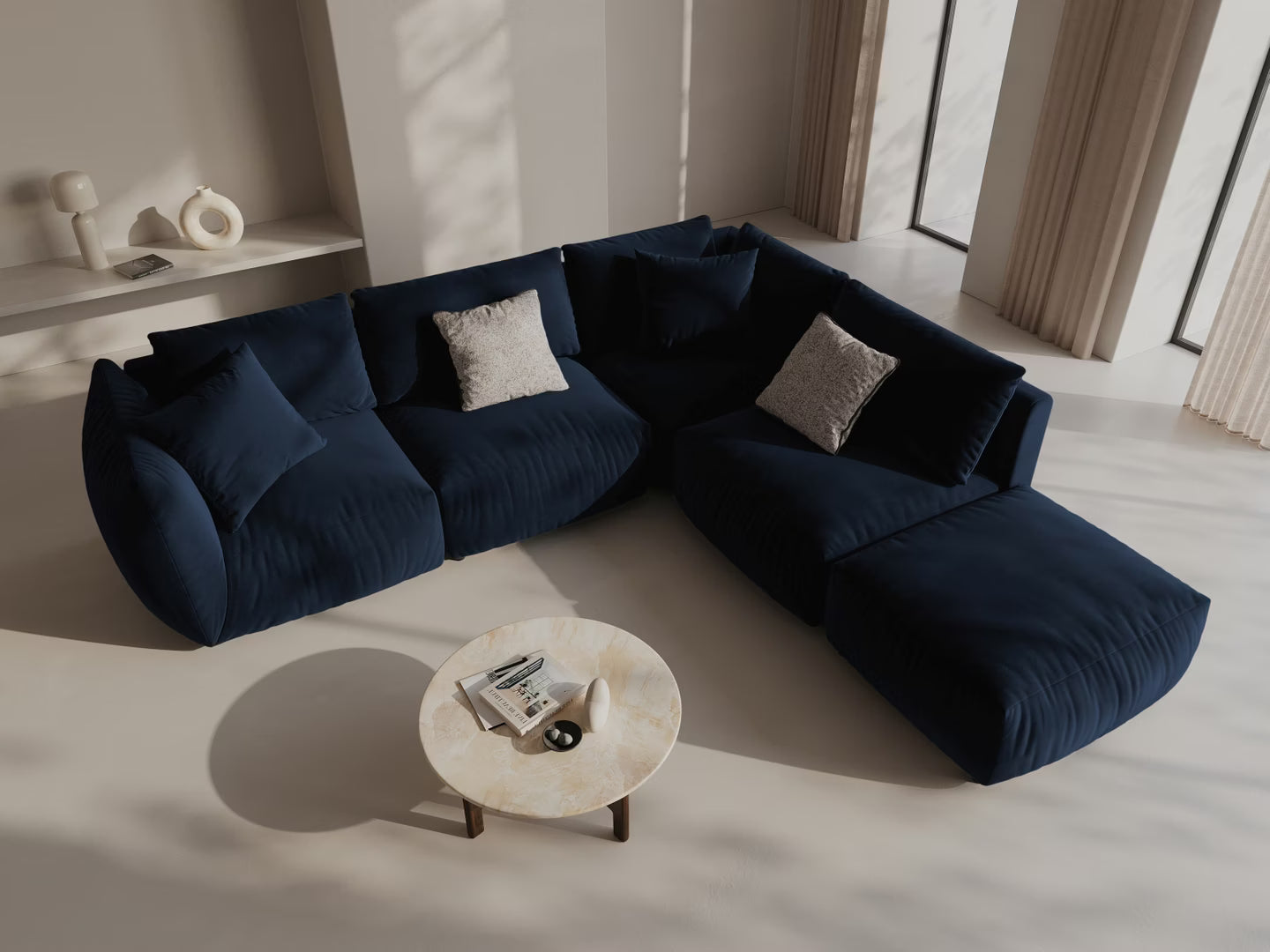 Modulaire fluwelen hoekbank voor 4 personen, rechtsdraaiend CHRIS in koninklijk blauw