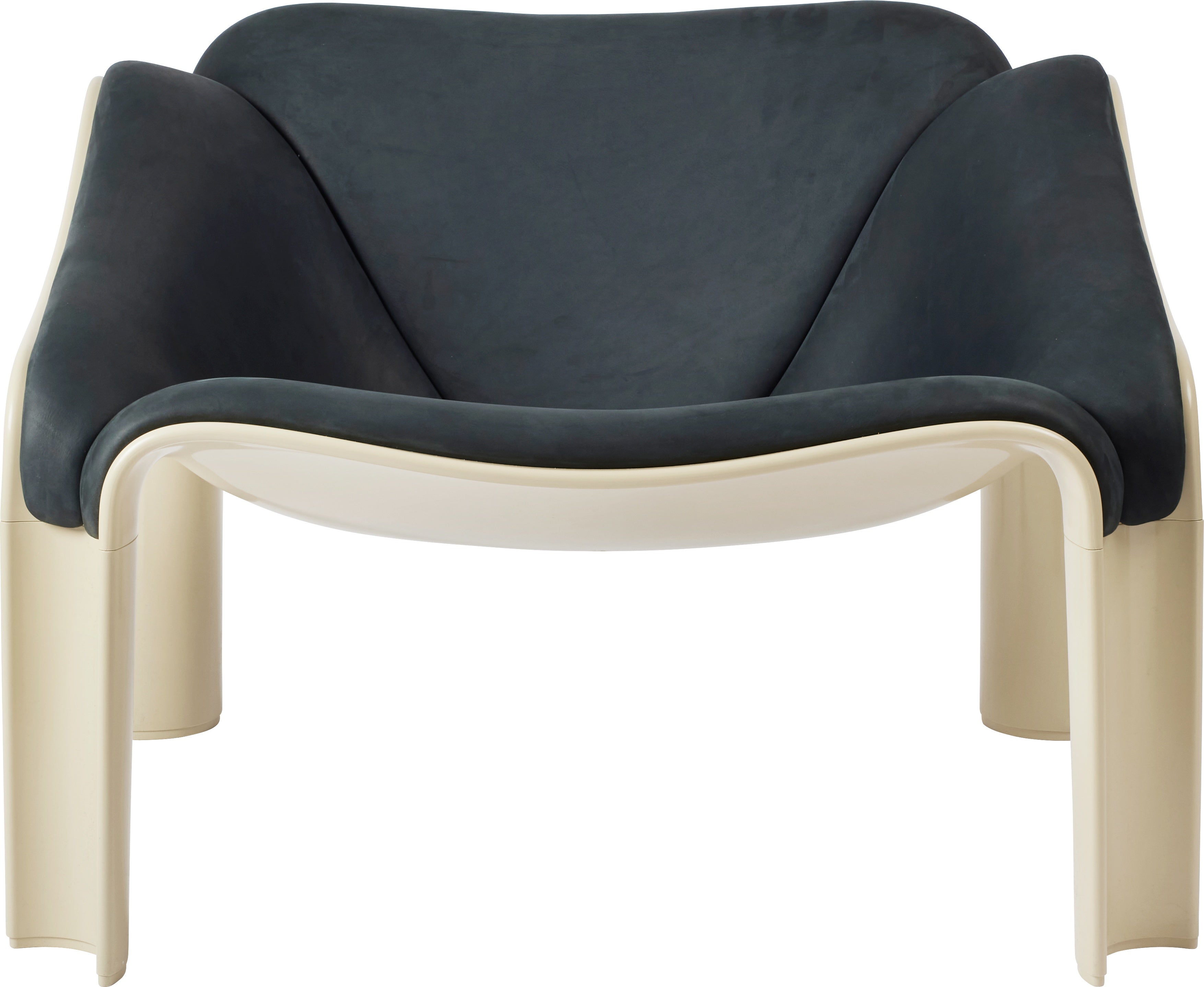Sessel F300 in marineblauem Leder mit cremefarbenem Gestell