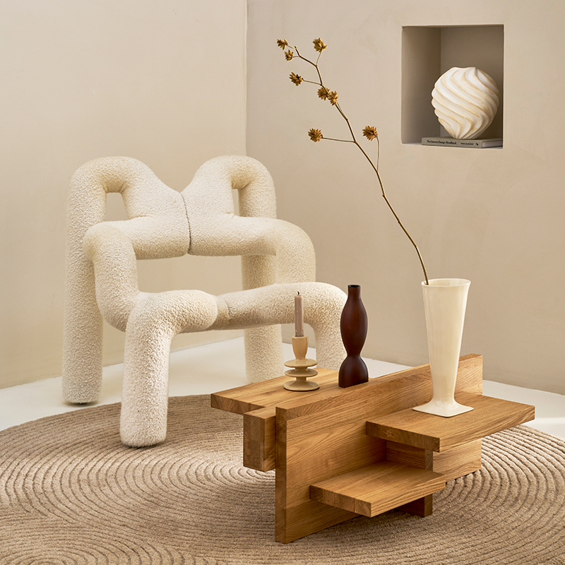 RIBBED Beige Ceramic Vase with White