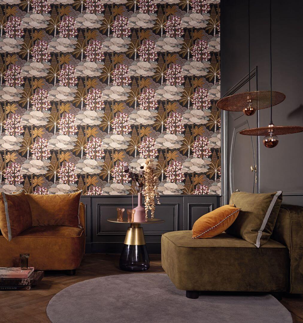 Metalen behang met plantaal motief MARAKANDA - PASTEL/GOUDE wit met goud