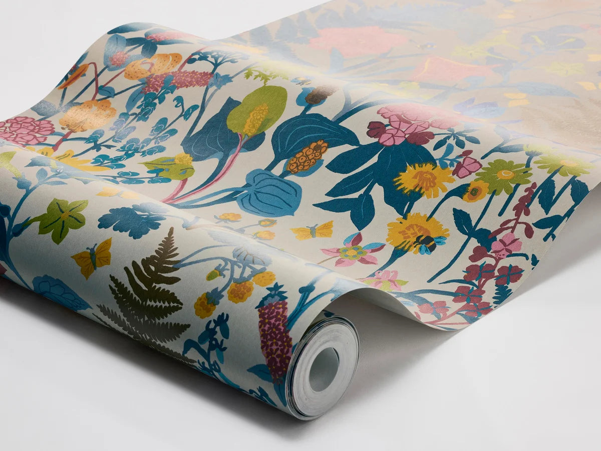 Beige STUGRABATT Wallpaper with Floral Motif in Blue