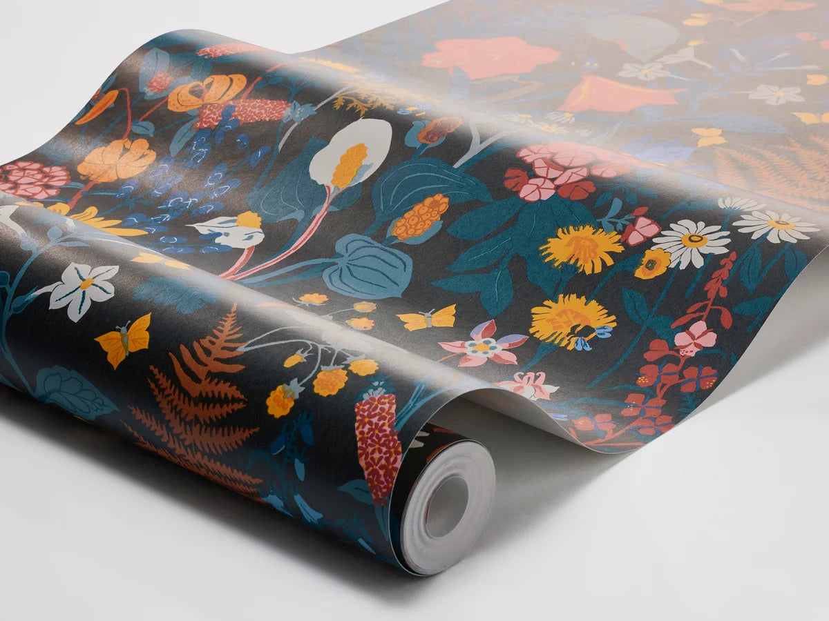 Behang met plantenmotief STUGRABATT blauw met geel