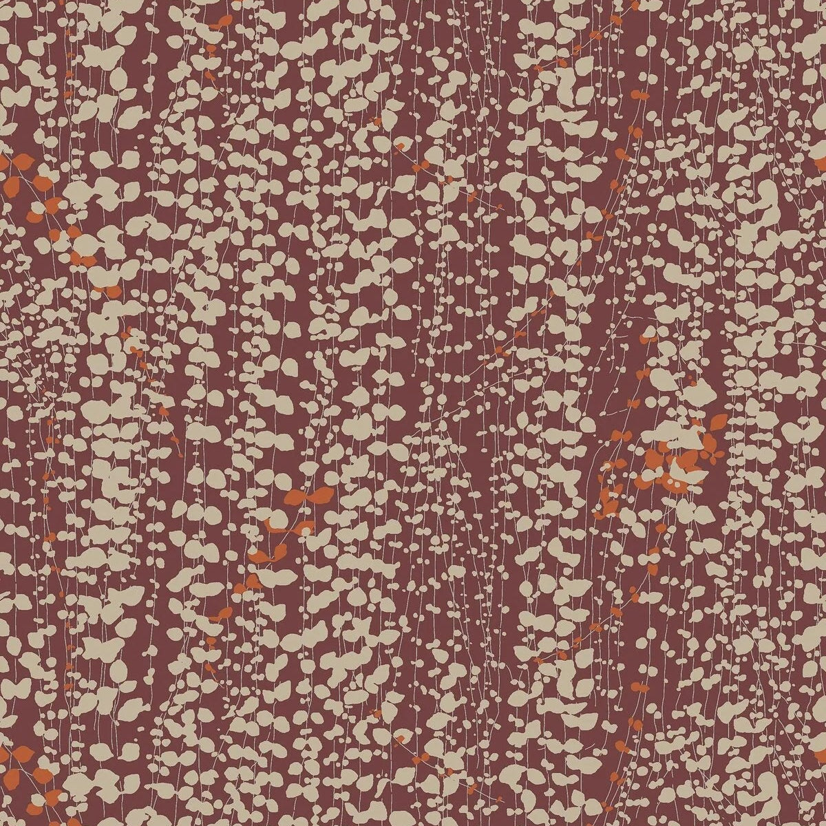 Bordeauxkleurige behang met een plantmotief van bladeren RANKE met beige