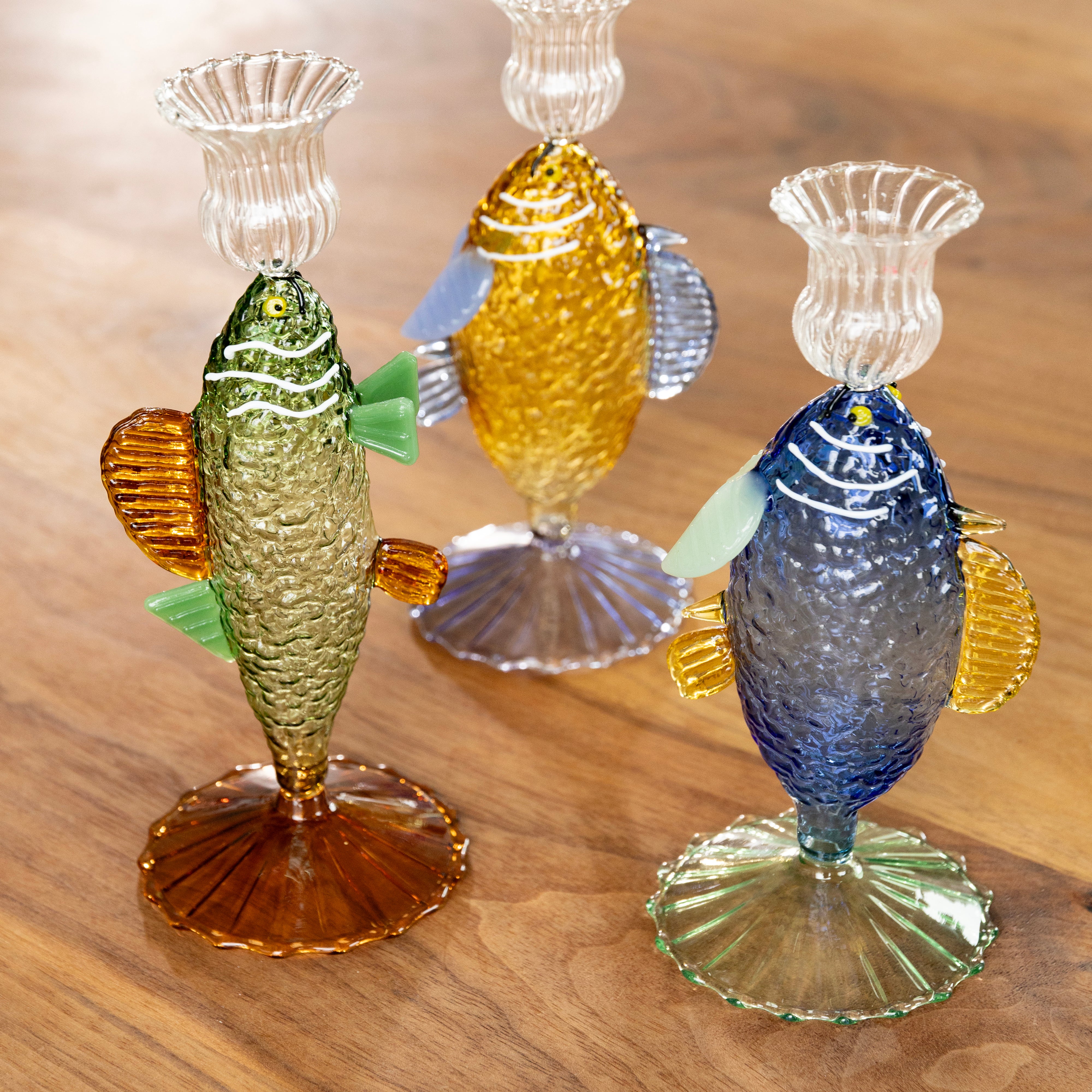 Glas-Teelichthalter FISCH blau mit grün und gelb