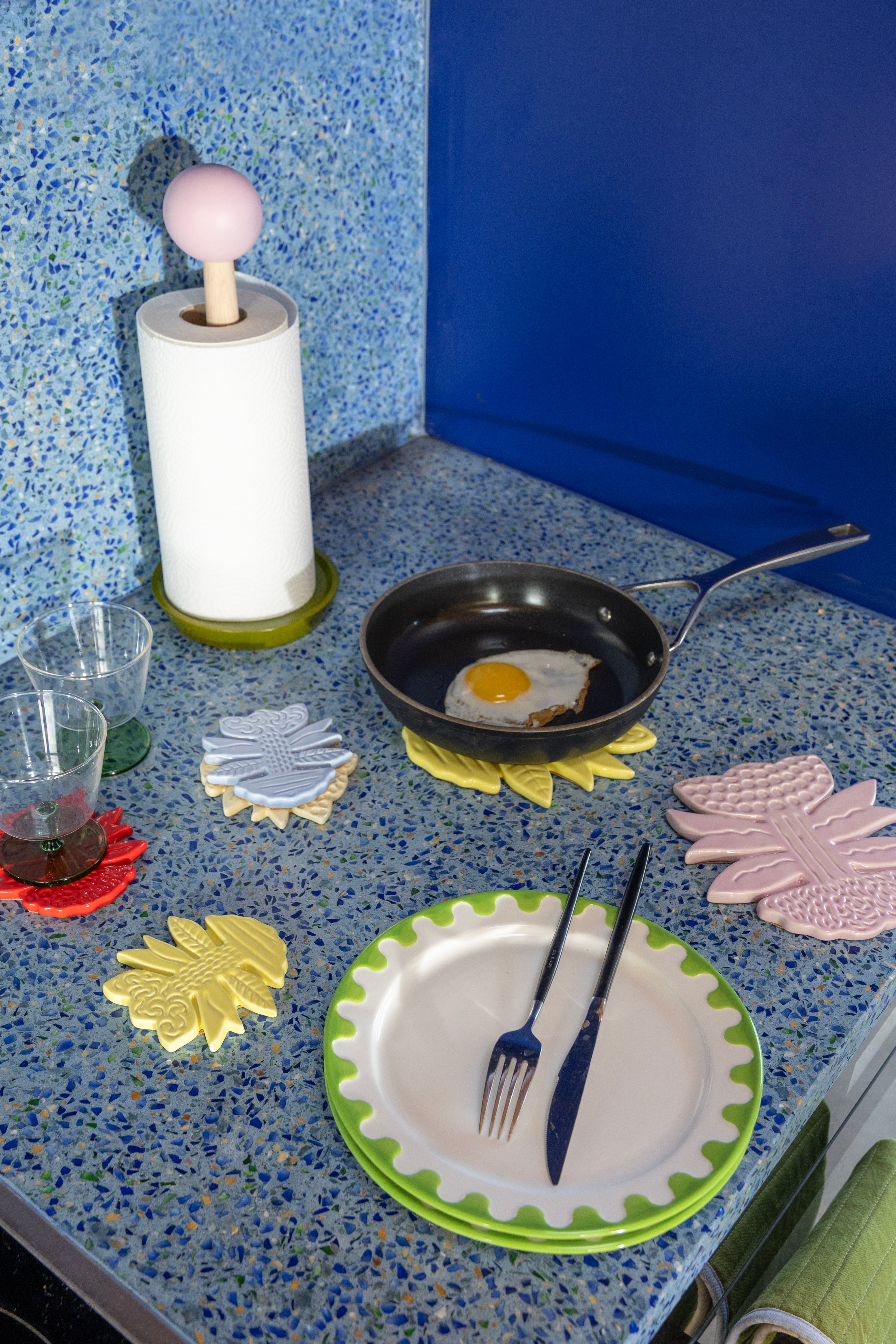 Witte FOLK ontbijtborden set met blauw en groen