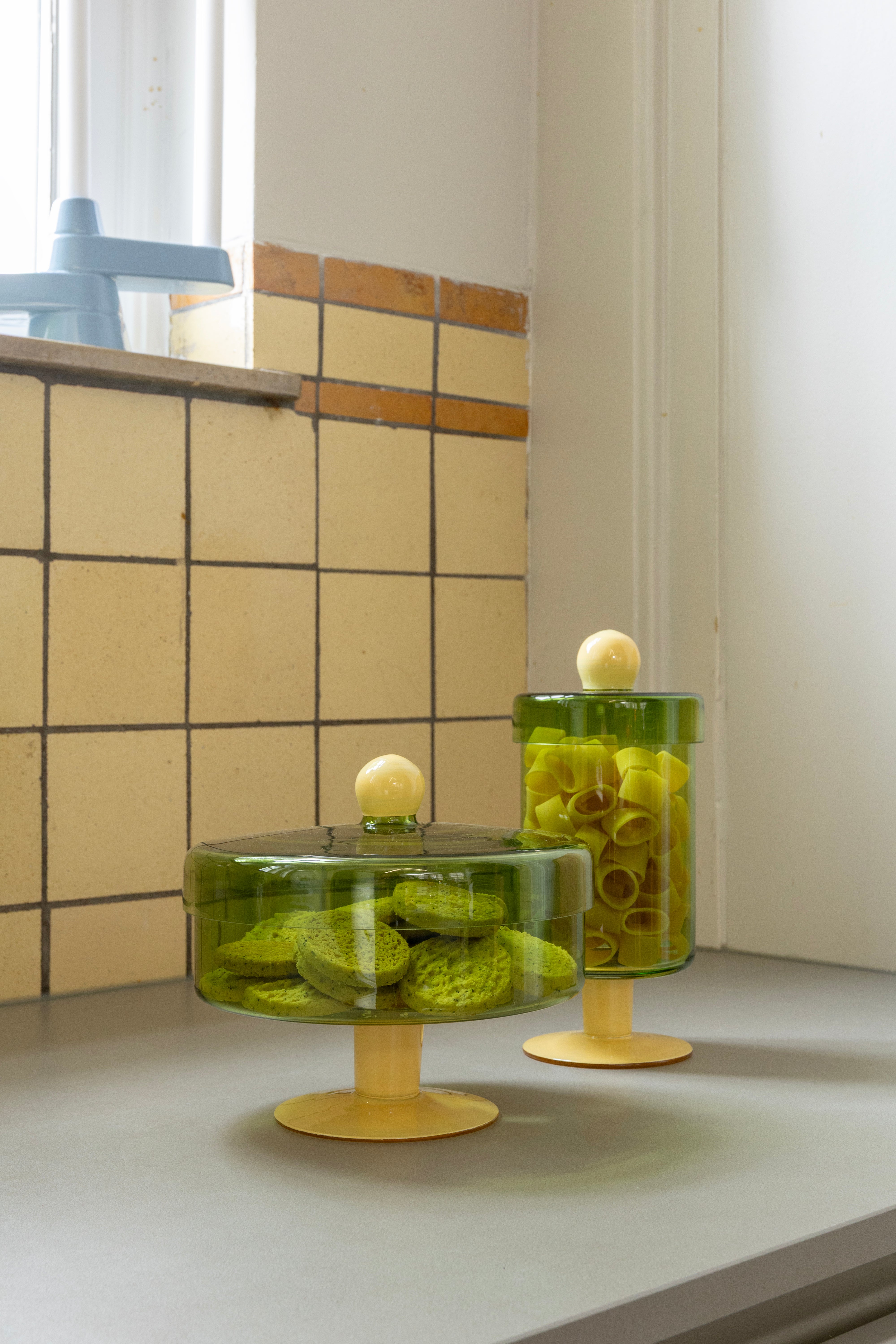 Glazen opbergcontainer DUO TALL groen met geel