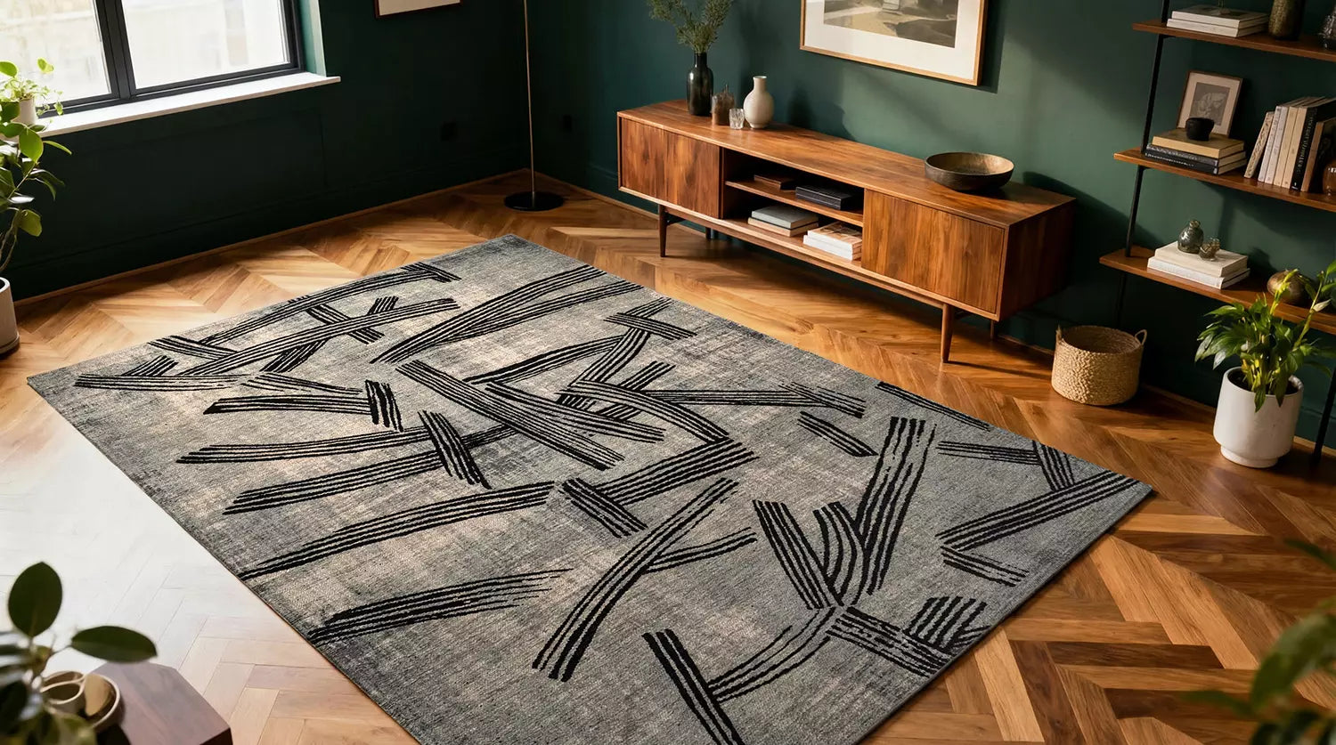 Vloerkleed KANJI grijs met zwart en beige