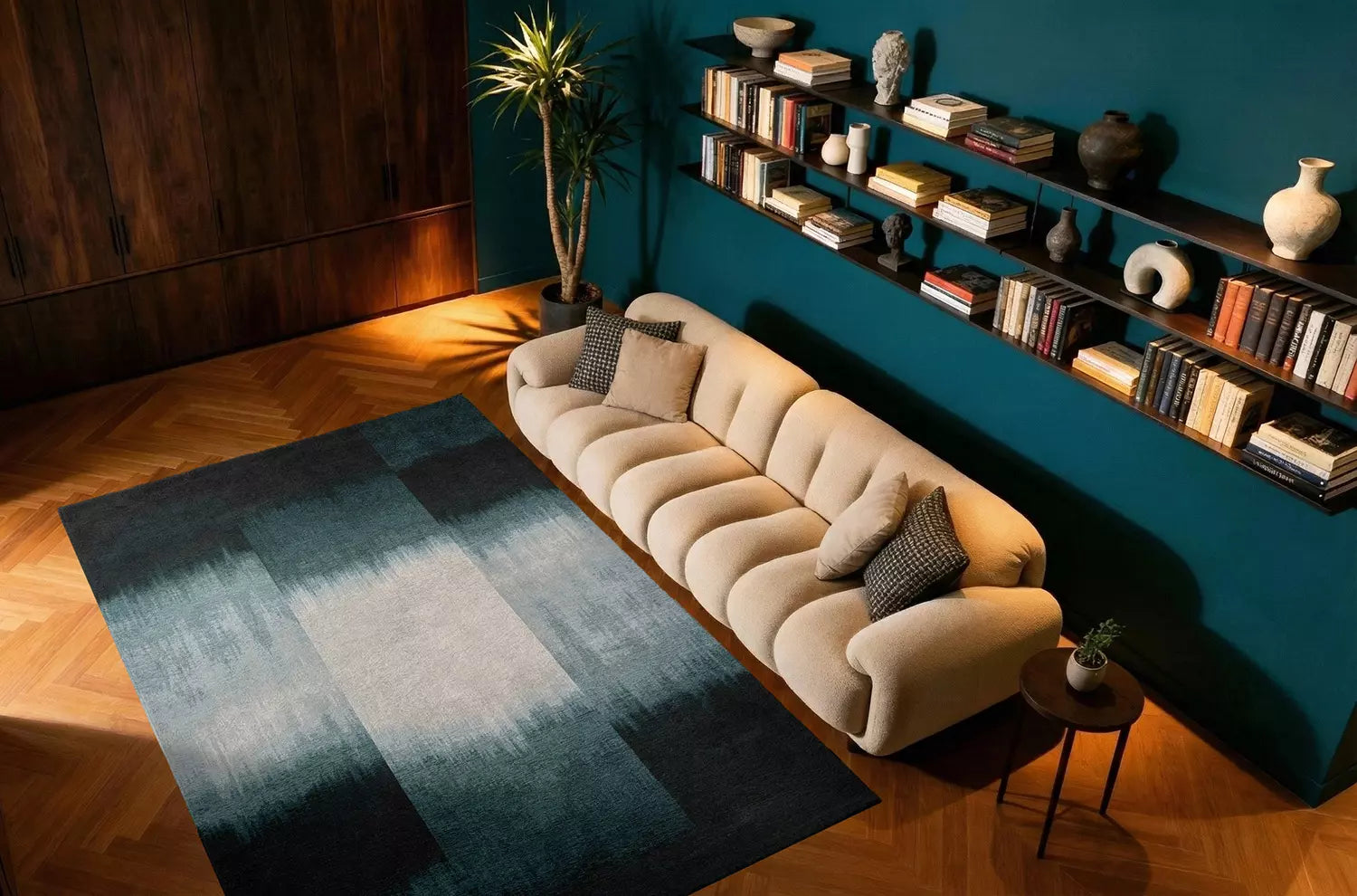 Vloerkleed SENDAI blauw met wit