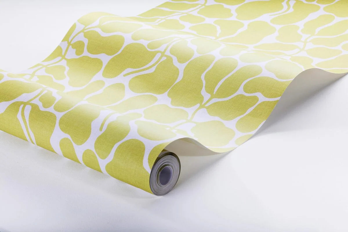 Vliesbehang van papier met plantaal patroon MIJN GEHEIME TUIN geel met wit