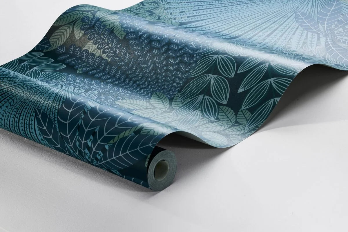 Velvet Leaves Plant Motif Wallpaper in Navy Blue and Green