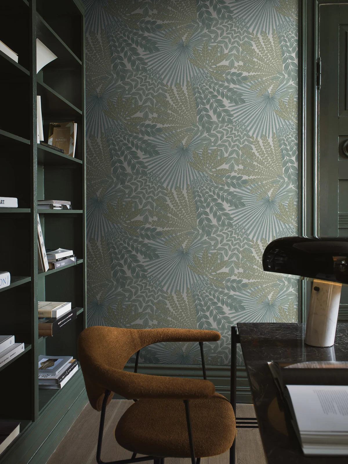 Behang met plantmotief VELVET LEAVES olijfgroen