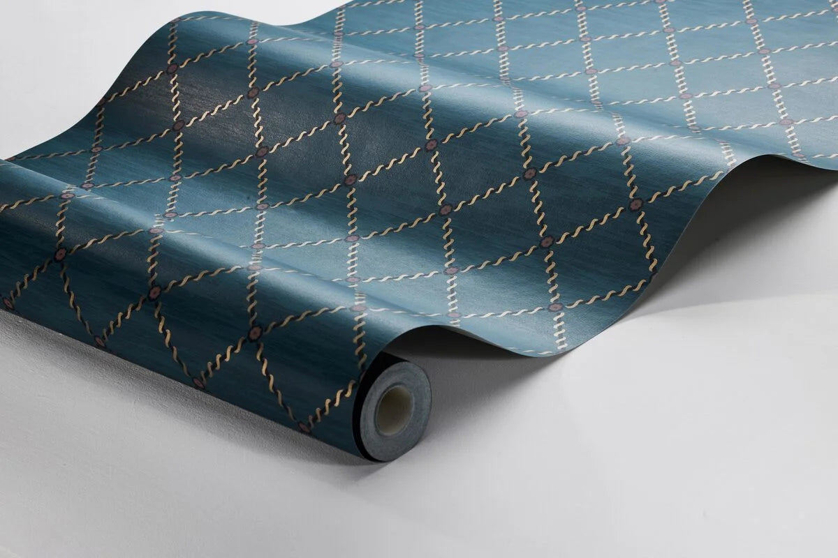 Geometrisch patroonbehang GOLDEN TRELLIS marineblauw met goud