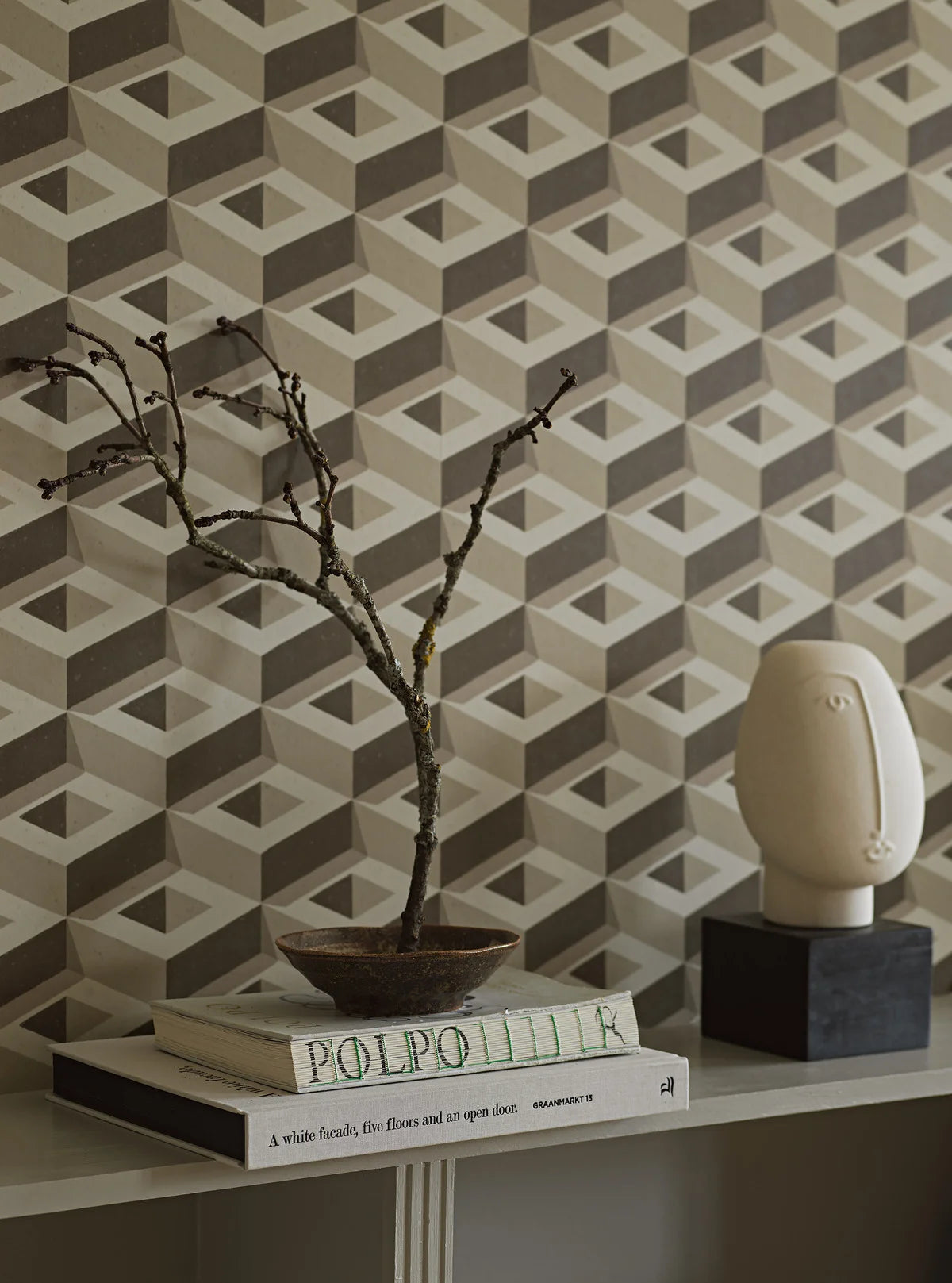 Beige 3D BOXES geometrische muurschildering met bruin