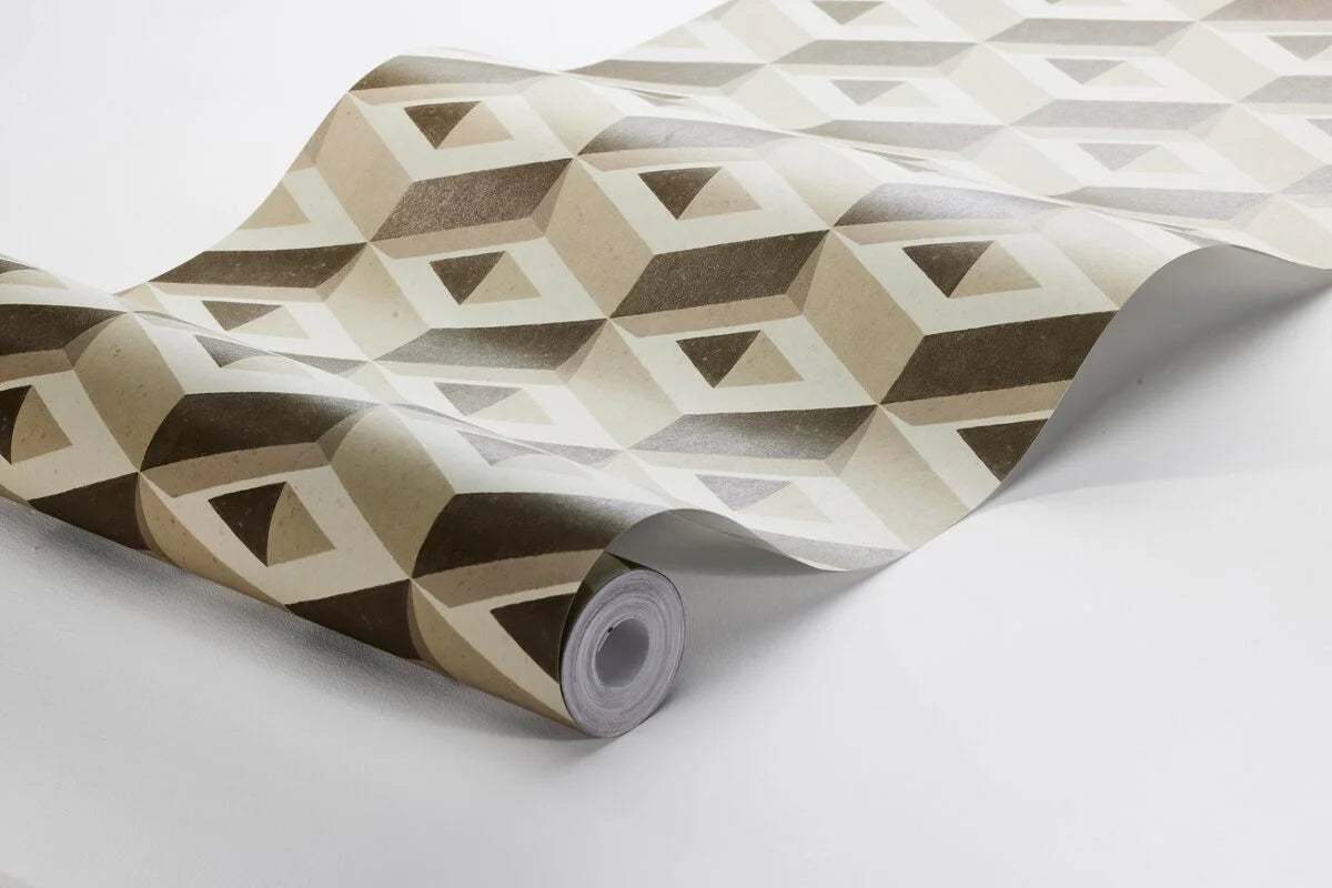Beige 3D BOXES geometrische muurschildering met bruin