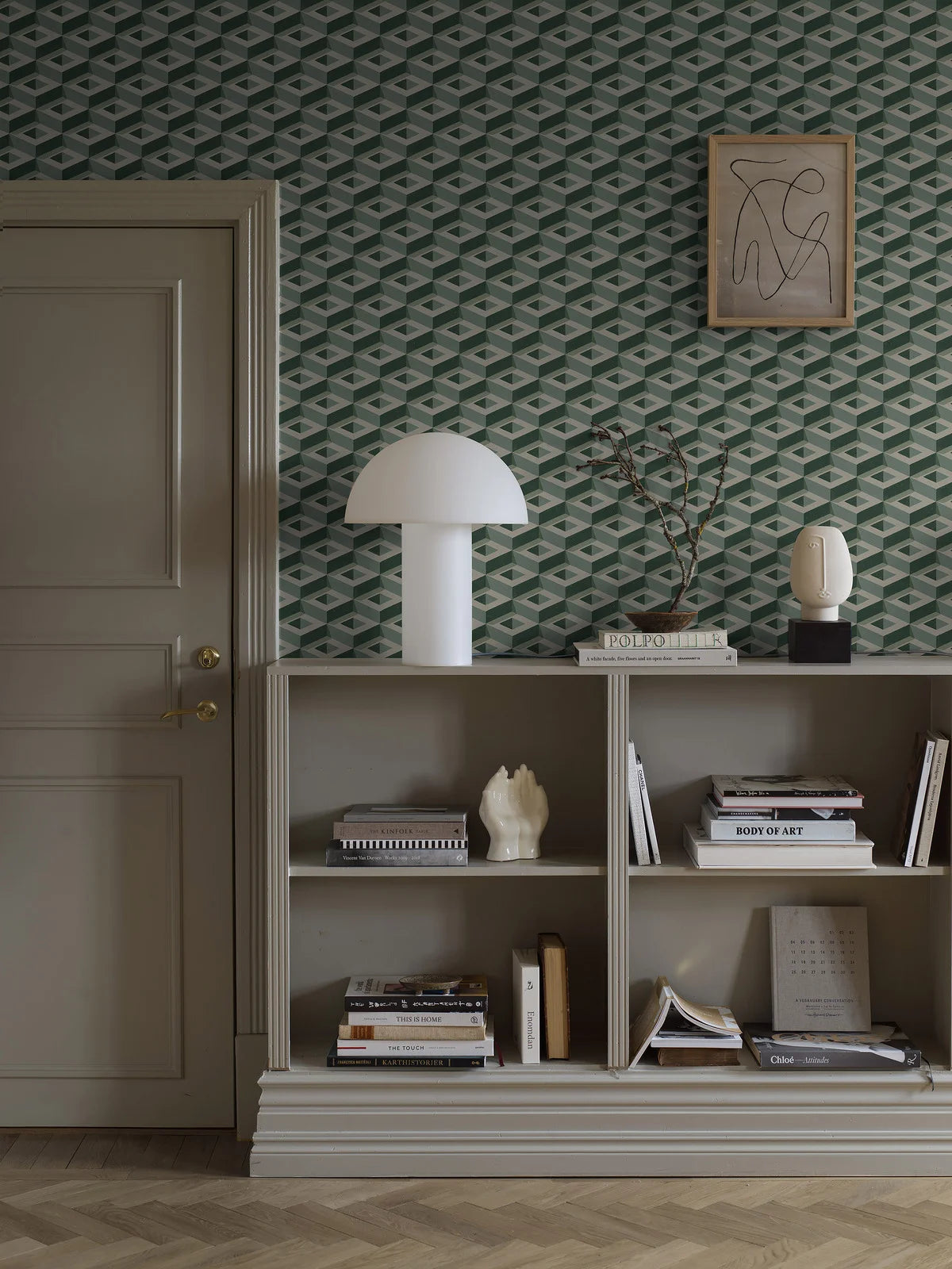 Muurschildering met geometrisch 3D BOXES motief groen