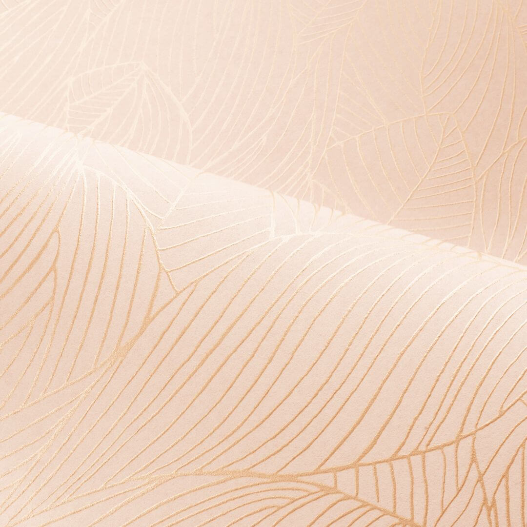 Wallpaper with a plant motif of leaves featuring a metallic effect HOSTA - ROSE POUDRÉ/DORÉ powder pink with gold