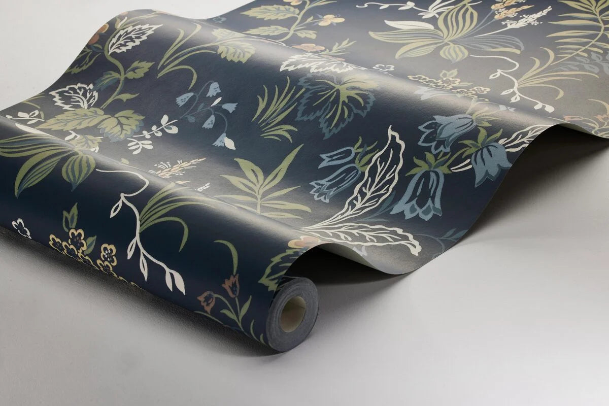 Behang met plantaal motief FOLKLORE marineblauw met groen
