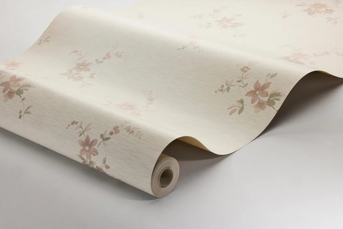 Beige SAGA behang met plantenmotief en roze