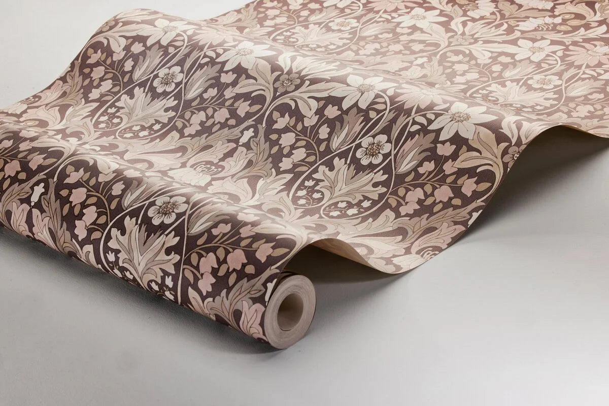 Behang met plantenmotief BLOMSTERFRÖJD bordeauxrood met beige