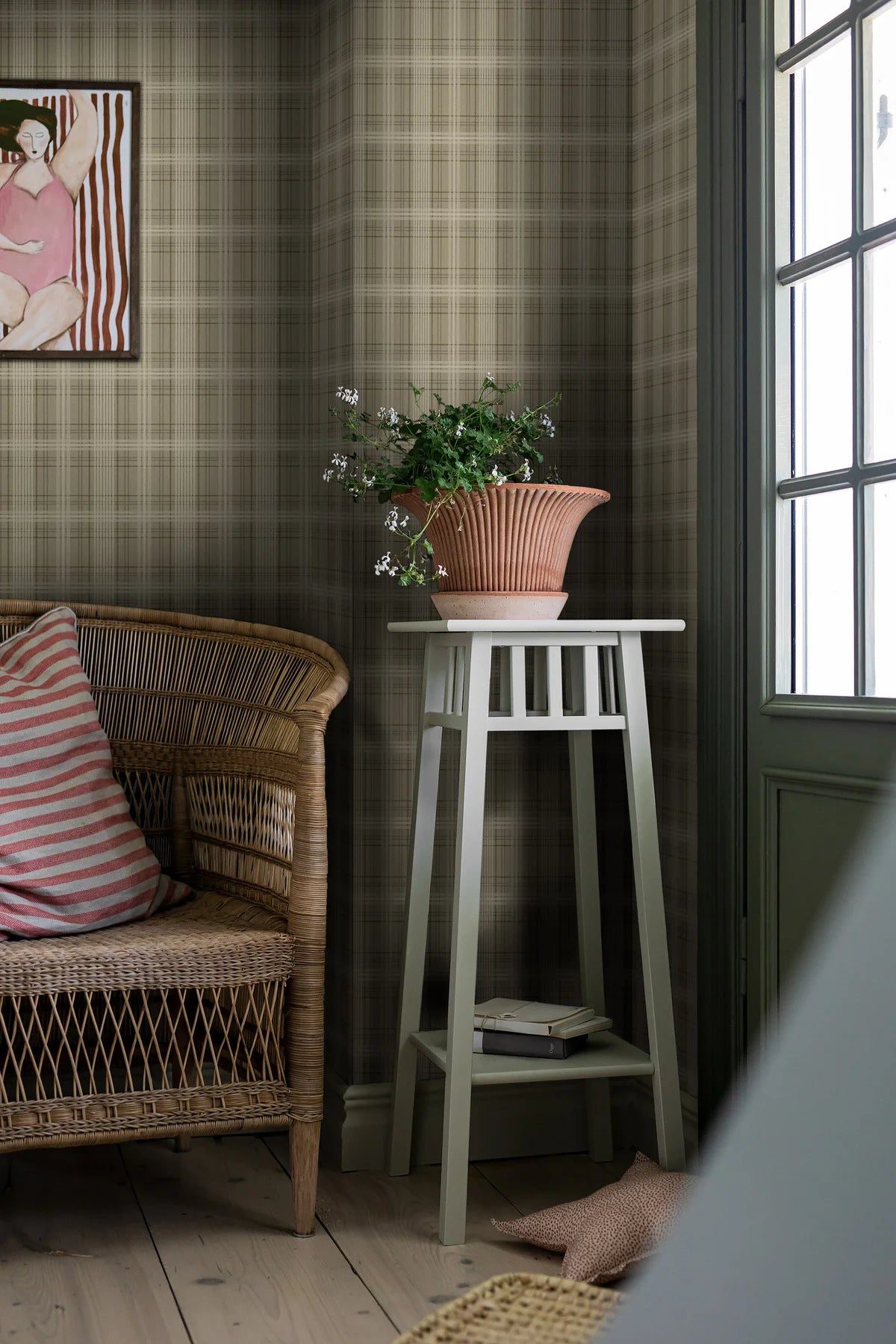 Tailor's Tweed Wallpaper with Geometric Scottish Check Pattern in Muted Green and Beige