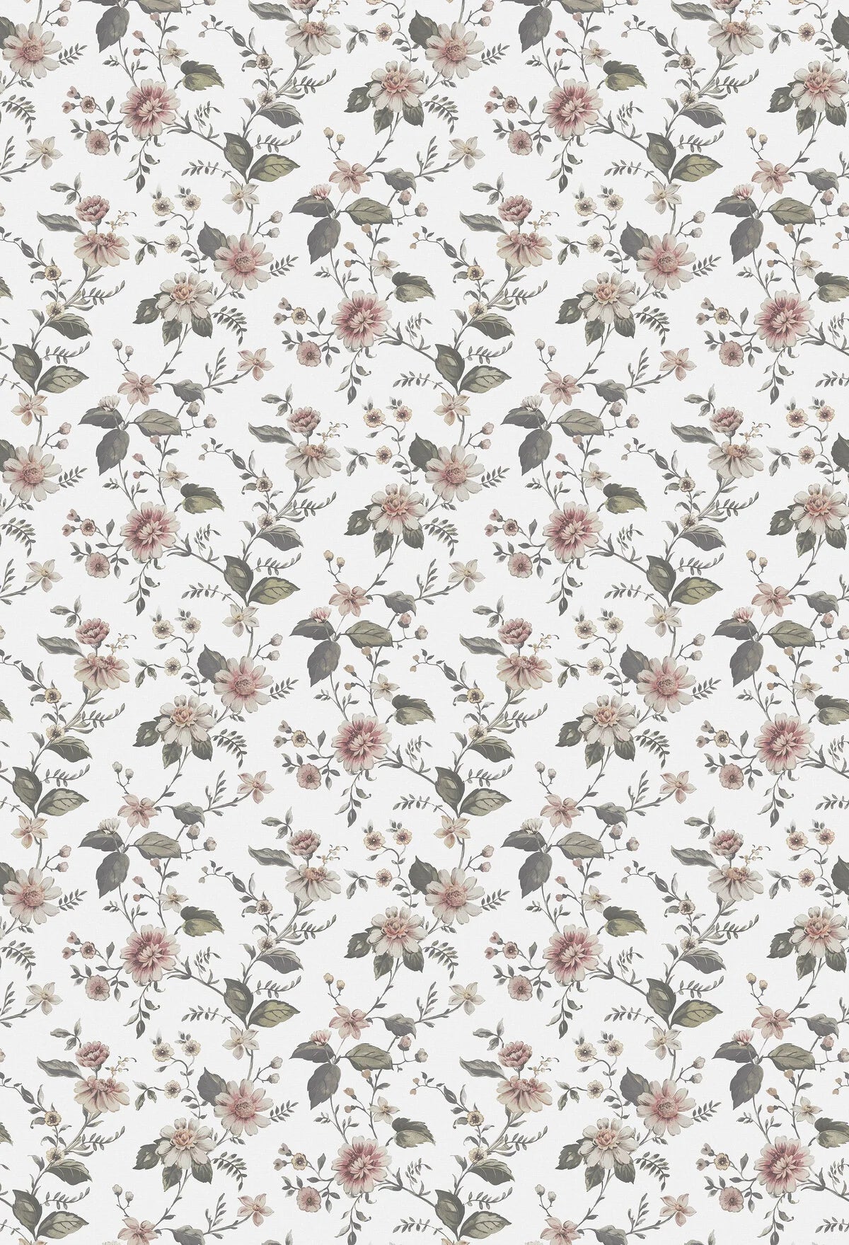 Mural strukturalny z roślinnym wzorem kwiatów MARION’S biały z różowym