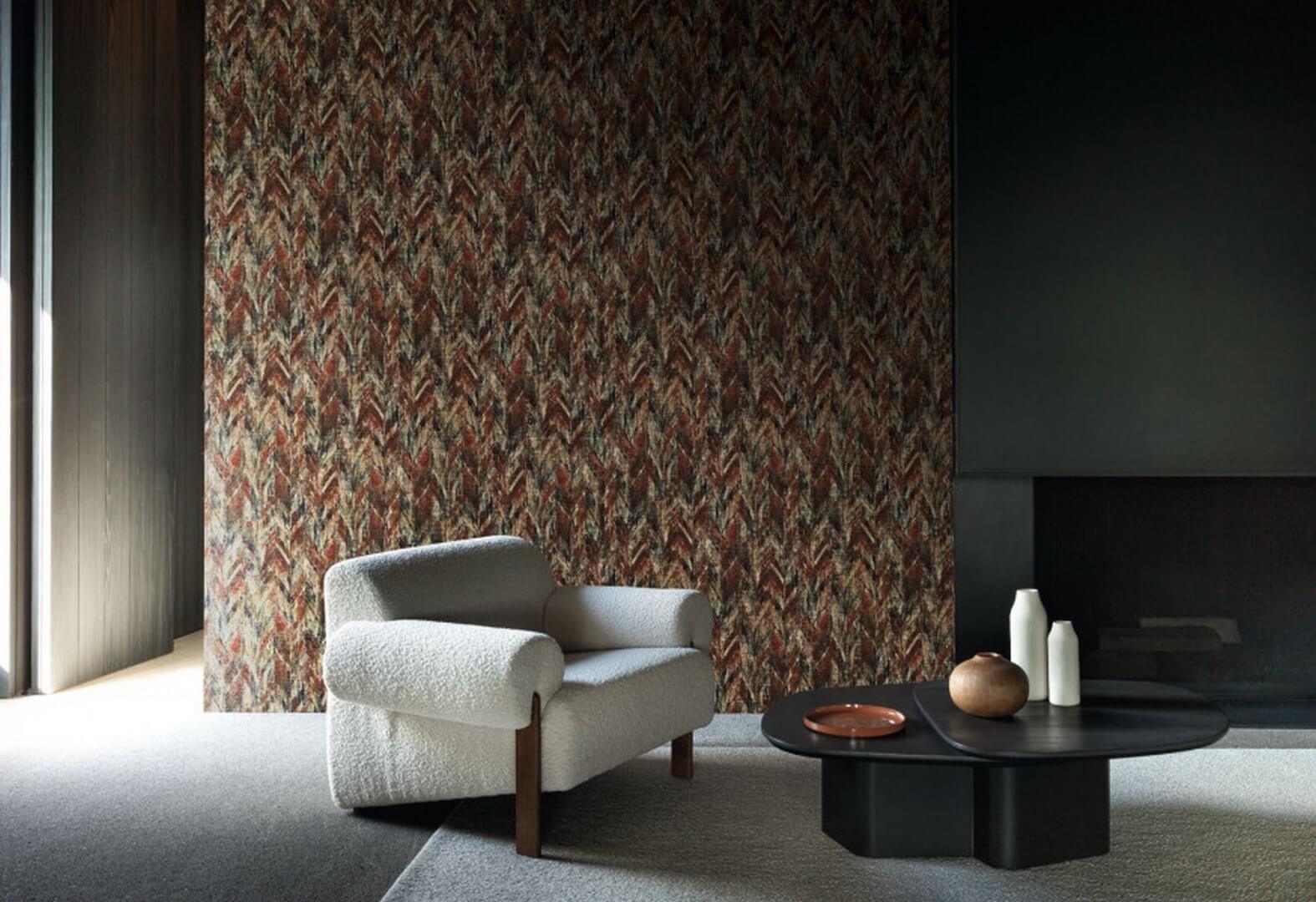 Textile structural jacquard wallpaper with abstract pattern ARAPAHO - SABLE ENCRE brown with beige