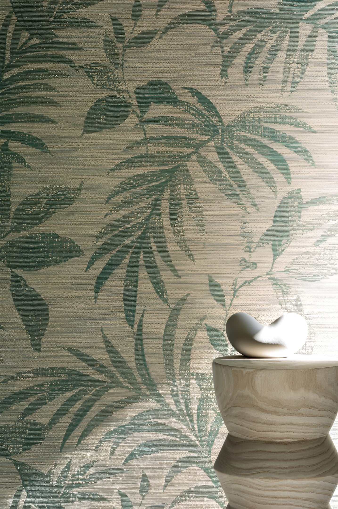 Textile wallpaper with a plant motif of SALIX leaves - EMERALD/CELEDON light green with beige